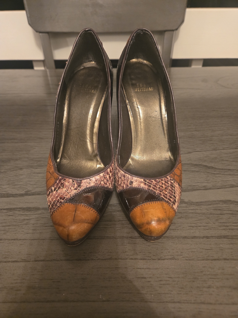 Stuart Weitzman Brown Croc-Embossed Platform Pumps - Picture 2 of 5